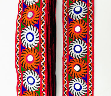 Black Cotton Fabric Trim with Multicolor Embroidery and Real Mirror, Kutch Embroidery Trim, Mirror Lace